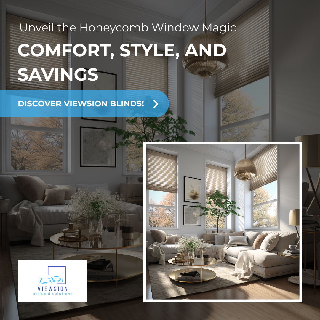 Cozy living room with sunlight through energy-efficient honeycomb blinds, elegant decor, and text "Are Honeycomb Blinds Expensive? Unveiling Quality and Affordability"
