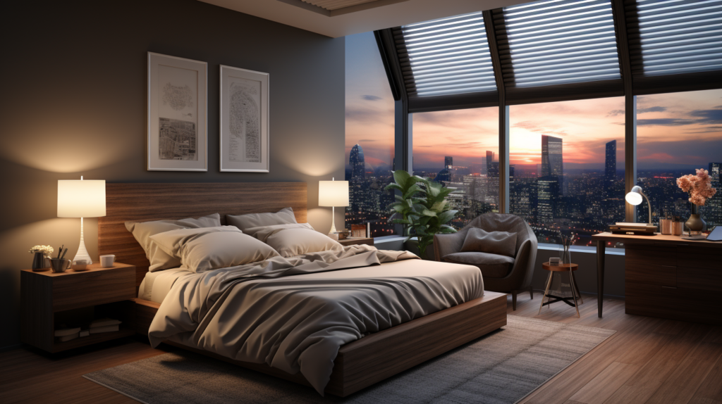 Peaceful bedroom with sunlight streaming through energy-efficient honeycomb blinds, stylish interior, and "Are Honeycomb Blinds Expensive? Unveiling Quality and Affordability" displayed on a tablet